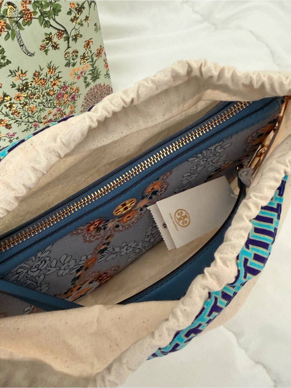 Tory Burch T Monogram Brocade Studio Bag in Sea Frost NWT - Picture 11 of 13